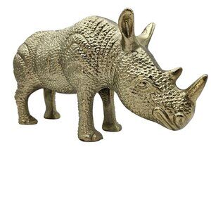 Gold Brass Rhino Figurine Decor Hollow Wildlife Safari